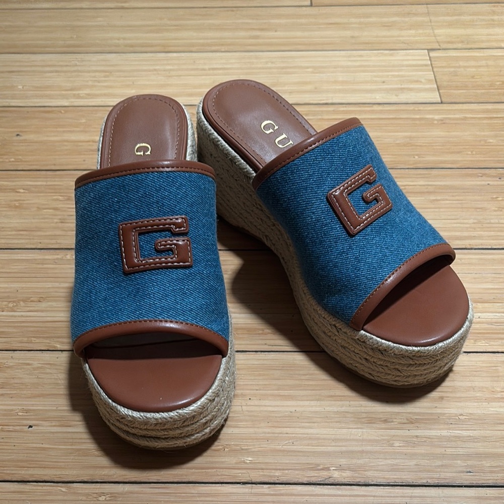 Guess Denim Blue and Brown Wedges with Platform Sole New 7